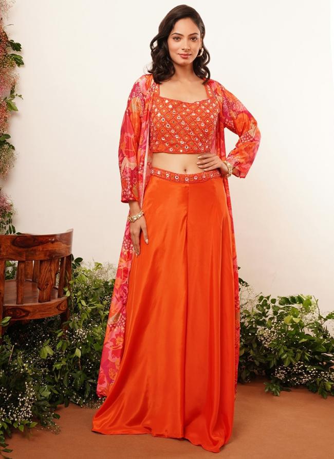 Crepe Orange Wedding Wear Mirror Work Readymade Indo Western